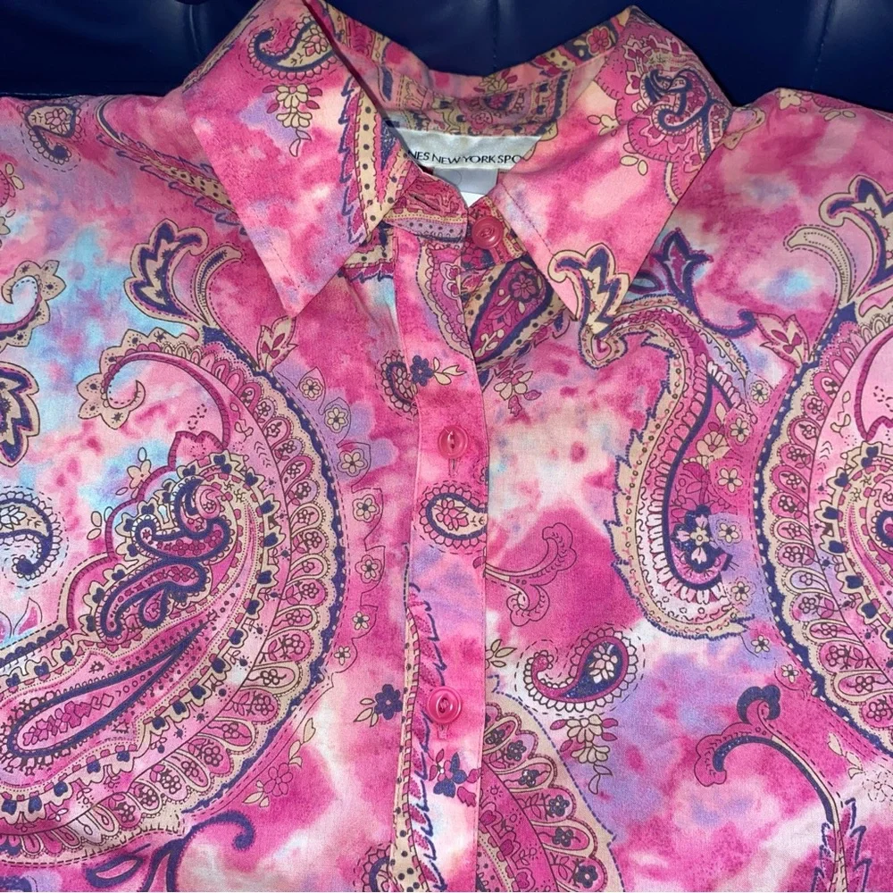 Jones New York Sport Tie Dye Paisley Intricate Print Lightweight Button Up Shirt